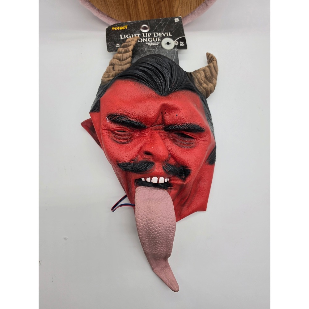 Spirit Halloween Light Up Devil Tongue Mask Red Latex Horns LED Flashing Effect